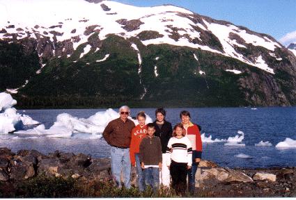 A roadside park with glacial ice floating in the lake